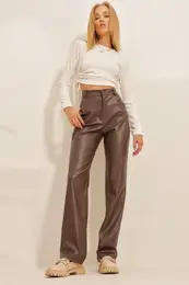 Trend Alaat Stili Women's Brown Knee-stitched Faux Leather Palazzo Pants with Pocket