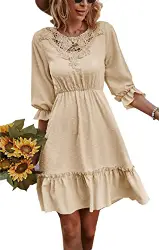 ZIYYOOHY Damen Casual Blusenkleid Chiffon Button V-Ausschnitt 3/4 Ärmel Freizeit Mini Sommerkleid Mit Gürtel (5012-Aprikose, M)