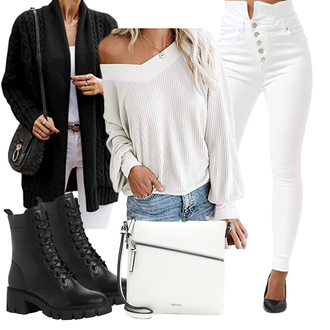 Off Shoulder Outfit mit Grau/Khaki/Weiß Oversize Bluse/Offene Bluse/Crash­Bluse/Bluse Oberteil/Bluse/Sportliche Bluse/LangarmBluse/SchlupfBluse/Einfarbige Bluse Dreamskull "Outfit Für Den Herbst"