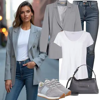 Smart Casual Outfits Sommer mit Grau Lederjacke/Oversize Blazer/Boyfriend Blazer/Longblazer/Zweireiher Blazer Comma, Weiß/Creme Mesh Shirt/Kurzarm T-Shirt/Shirt/Strickshirt Tom Tailor, Grau/Dunkelgrau/Braun/Beige Schultertasche/Tragetasche/Große Tasche/Schultertasche, Grau/Hellgrau Sneaker Low/Sommer Sneaker/Schmaler Sneaker/Vintage Sneaker Reebok "Praktischer Look"