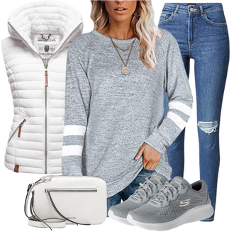 Outfit mit Rot/Weiß/Creme Reitweste/Sport Weste/Langlaufweste/Funktionsweste/Kurze Weste/Steppweste/Leichte Weste/Outdoorweste/Puffer Weste/Daunenweste Navahoo "Herbst Outfit für den Alltag"