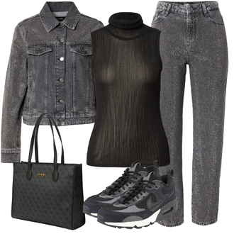 Outfit mit Schwarz/Braun Strick Top/Ärmelloses Shirt/Herrenschuhe/Rollkragenshirt/Rundhals-Strickjacke/Kurzarm Strickjacke/Stehkragen-Strickjacke Karen Millen "Schönes Freizeit Outfit"