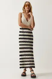 Happiness stanbul Women's Cream Black Strappy Striped Summer Knitwear Dress