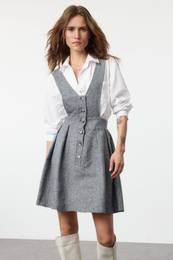 Indigo Plain Buttoned Mini Woven Dress
