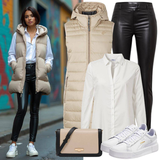 Tenues d'Hiver avec Noir/Marron/Blanc Legging en cuir/Pantalon en Vinyle/Pantalon en Simili Cuir/Pantalon en Cuir luka sabbat for about you, Blanc/Noir Chaussure de Skate/Basket Fine/Baskets Vintage Jordan, Noir Sac de Transport/Cartable/Pochette de Ceinture/Petite poche Buffalo "Tenue légère"
