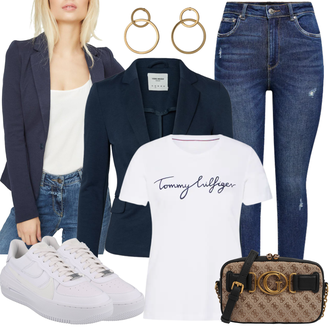 Outfit mit DunkelBlau/HellBlau/Blau Lederjacke/Blazerjacke/Blusenblazer/Boyfriend Blazer/Lässiger Blazer/Baumwoll ­Blazer/Eleganter Blazer/Strick­blazer/Kurzblazer/Sweatblazer/Lederjacke für Männer/Lederjacke VERO MODA "Perfektes Büro Outfit"