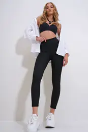 Trend Alaat Stili Women's Black High Waist Ribbed Lycra Leggings