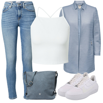 Outfit mit Hellblau/Blau Lederjacke/Ankle Boot/High Waist Jeans/Jeans mit Schlitz/Low Rise Jean/Low Waist Jean/Push up Jeans/Slim Fit Jeans/Schlupfjeans/Cuir Chaussures/Winterjacke SELECTED HOMME "Frühlings Outfit"