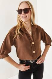 Women's Bitter Brown Wooden Buttoned Three Quarter Sleeve Linen Shirt