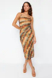 Multicolored Gradient Patterned Lined Knitted Tulle Dress