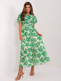 Ecru-Green Flared Dress with Belt