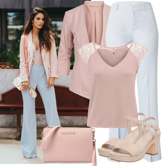 Outfit mit Hellblau Hose Große Größe/Bootcut Pant/Bügelfaltenhose/Anzughose/Ausgestellte Hose/High Waist Hose/Hose mit Schlitz Gina Tricot "Sommer Look"