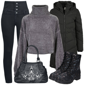 Outfit mit Schwarz/Dunkelgrau/Grau Mantel mit Reißverschluss/Langer Daunenmantel/Steppmantel/Wintermantel/Langer Wintermantel/Daunenmantel Ragwear "Perfect Voor De Winter"
