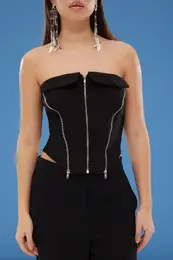 Black Strapless Zipper Detail Woven Chic Bustier