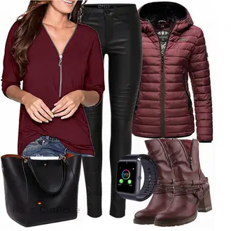 Langarm Outfit mit Dunkelrot/Bordeaux/Lila Bluse/Crash­Bluse/Bluse Mit Kapuze/Bluse Oberteil/Einfarbige Bluse/LangarmBluse YOINS "Schickes Herbst Outfit"