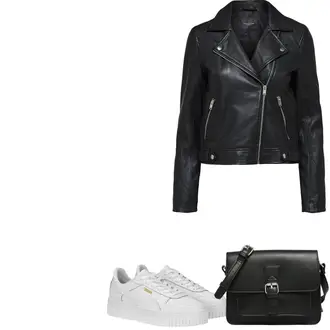 Outfit mit Schwarz Lederjacke/Biker Jeans/High Waist Jeans/Jeans mit Schlitz/Push up Jeans/Cuir Chaussures/Thermojeans/Winterjacke VERO MODA "Frühling outfit"