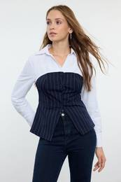 Navy Blue Striped Strapless Vest Detailed Woven Shirt