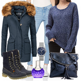 Outfit mit Dunkelblau/Blau Kapuzenmantel/Kurzmantel/Duffle Mantel/Daunenmantel/Outdoormantel/Mantel mit Reißverschluss/Schmal Geschnittener Mantel/Mantel mit Fellkragen/Parka/Wintermantel Navahoo "Woolen Bloom Pullover"