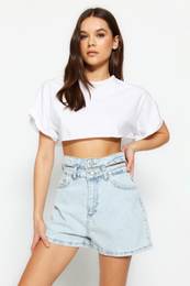 Light Blue High Waist Denim Shorts With Waist Detail