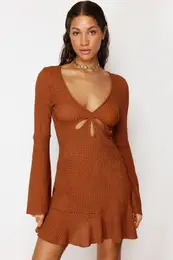 Brown Fitted Mini Knitted Ruffle Beach Dress