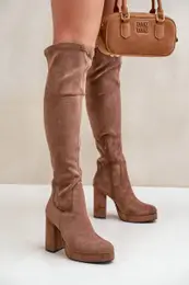 FS1 Knee High Platform Heeled Boots Eco Suede Dark Beige Zistaria