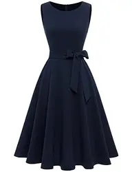 Dressystar Damen Vintage Cocktailkleid Knielang Rundhalsausschnitt Ärmellos Party Hochzeit Kleider Marineblau S
