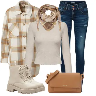 Stiefel Outfits Kurz Jagd mit Braun/Beige/Orange/Creme Leichter Mantel/Lodenmantel/Sommermantel/Übergangsmantel/Tweed Mantel/Vintage Mantel/Wollmantel/Wollmantel/Mantel/Bluse und Tunika/Bluse Große Größe Vila "Cool für die Freizeit"Look: Jagd, Skating, Laufen, Freizeit, Apres ski