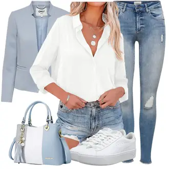 Jeans Outfit mit Weiß/Creme/Khaki Blusenbody/Slim Fit Bluse/LangarmBluse/Bluse Oberteil/Einfarbige Bluse NONSAR "Casual Business Outfit"