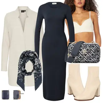 Outfit mit Dunkelblau/Blau Langes StrickKleid/Langärmliges Kleid Modström "Abend Outfit mit langem Kleid"
