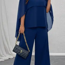 1set Elegant Solid Color Polyester 100 Neck Lash Sets, Non-stretch Woven Fashion Outfit With Tunic Top And Wide Leg Pants