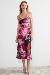 Pink-Multi-Colored Floral Patterned Woven Satin Elegant Evening Dress