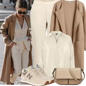 Business Outfits Leger mit Khaki/Beige/Braun/Weiß Oversize Bluse/Langarmbluse/Cordbluse/Schlupfbluse/Seidenbluse/Satinbluse VERO MODA "Modisches Frühlingsoutfit"Look: Oversize, Leger, Glanz, Workwear, Unisex, Casual, Smart Casual, Edel, Classic, Mit Transparent, 20er Jahre, Safari, Retro