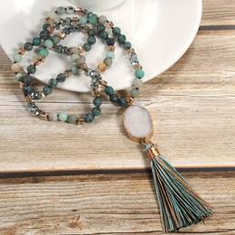 -chic 8mm Natural Stone Knot Necklace With Oval Crystal & Tassel - Spring/summer Vacations, Women' Accessory