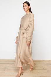 Beige Belted Pearl and Stone Detailed Woven Dress