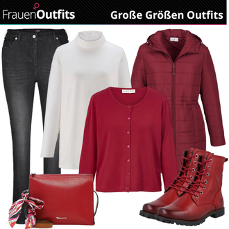 Outfit mit Rot/Dunkelrot Schnürstiefelette/Springerstiefel/Klassischer Stiefel/Biker Boot/Flache Stiefelette/Gefütterte Stiefelette/Lederjacke Dockers by Gerli "Winter Outfit in großen Größen"