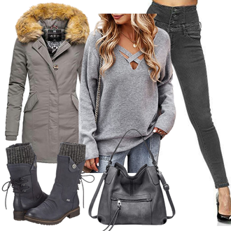 Steppung Outfit mit Grau/Beige/Khaki/Dunkelgrün/Braun Leichter Mantel/Daunenmantel/Mantel mit Reißverschluss/Parka/Schmal Geschnittener Mantel/Wintermantel/Mantel mit Fellkragen MARIKOO "Winter Outfit"