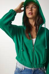 Happiness stanbul Women's Green Hooded Raised Sweatshirt