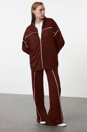 Brown Piping Detailed Knitted Top-Bottom Set