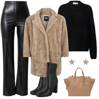 Outfit mit Braun/Beige/Grau Lamahaar-Mantel/Pelzmantel/Teddy Mantel Urban Classics "Kuscheliger Freizeitlook"