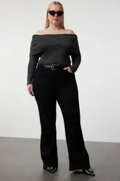 Curve Black Lurex Corded Carmen Collar Knitwear Blouse