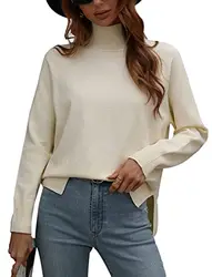 ZIYYOOHY Damen Rollkragenpullover Basic Einfarbig Langram Pullover Fashion Strickpullover Unterziehrolli mit asymmetrisch Schlitzsaum(4051-BG M)