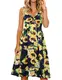 FANCYINN Kleid Damen Sommer Knielang Dekoltee V-Ausschnitt Sommerkleid Midi Träger Rückenfreies A-Linie Kleider Strandkleider Sonnenblume Marineblau M