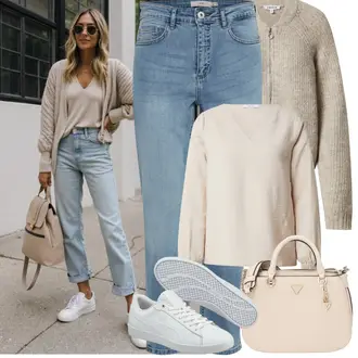Outfit sa Siva/Bijela/Krem Tanka Tenisica/Niska Tenisica/Kožna Tenisica Puma "Proljetni Outfit"
