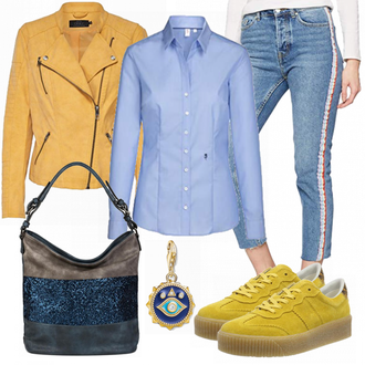 Outfit mit Hellblau Bluse mit Stehkragen/LangarmBluse/Bluse Mit Knopf/Slim Fit Bluse/Bügelfreie Bluse/Business Bluse Seidensticker "Only Yellow"