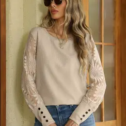 Contrast Lace Splicing Crew Neck T-shirt, Elegant Long Sleeve Top For Spring & Fall, Women's Clothing
