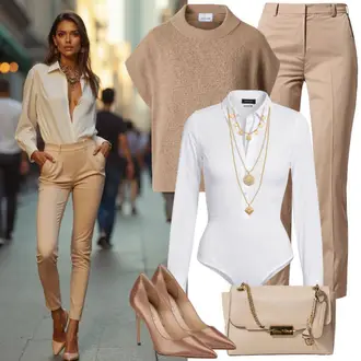 Smart Casual Outfits Trendige mit Beige/Khaki Steghose/Gerade Hose/Musselin Hose/Freizeithose/Business Hose/Jogger Hose/Karottenhose/Skinny Hose/Bügelfaltenhose/Slim Hose/Anzughose/Hose mit Schlitz classic basics, Beige/Braun/Khaki/Grau Vila "Perfektes Bauro Outfit"Look: Classic, Trendige, Smart Casual, Sportlich, Boyfriend, Old Money, Uni, Outdoor, Egirl, Zuhause, Moderne, Schön