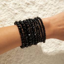 9pcs Fashion Dark Style Resin Black Geometric Round Beaded Women's Bracelet Set Banquet Gift