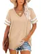 MOLERANI T-Shirts für Damen Kurzarm V-Ausschnitt Gestreifte Ärmel Sommer Tops Casual Lose T-Shirt Aprikose M