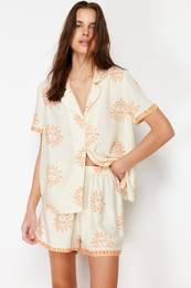 Ecru-Orange Sun Patterned Viscose Shorts Woven Pajama Set