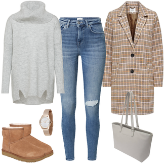 Classic Mini Leder Outfit mit Braun/Beige Klassischer Stiefel/Flache Stiefelette/Lammfell Stiefel/Lammfell WinterStiefel/Gefütterte Stiefelette/Wattierte Stiefel/Winter Stiefelette/Winterschuh UGG "Karo Alltagslook"Look: Classic, Uni, Casual, Coole, Zuhause, Italienische, Sportlich